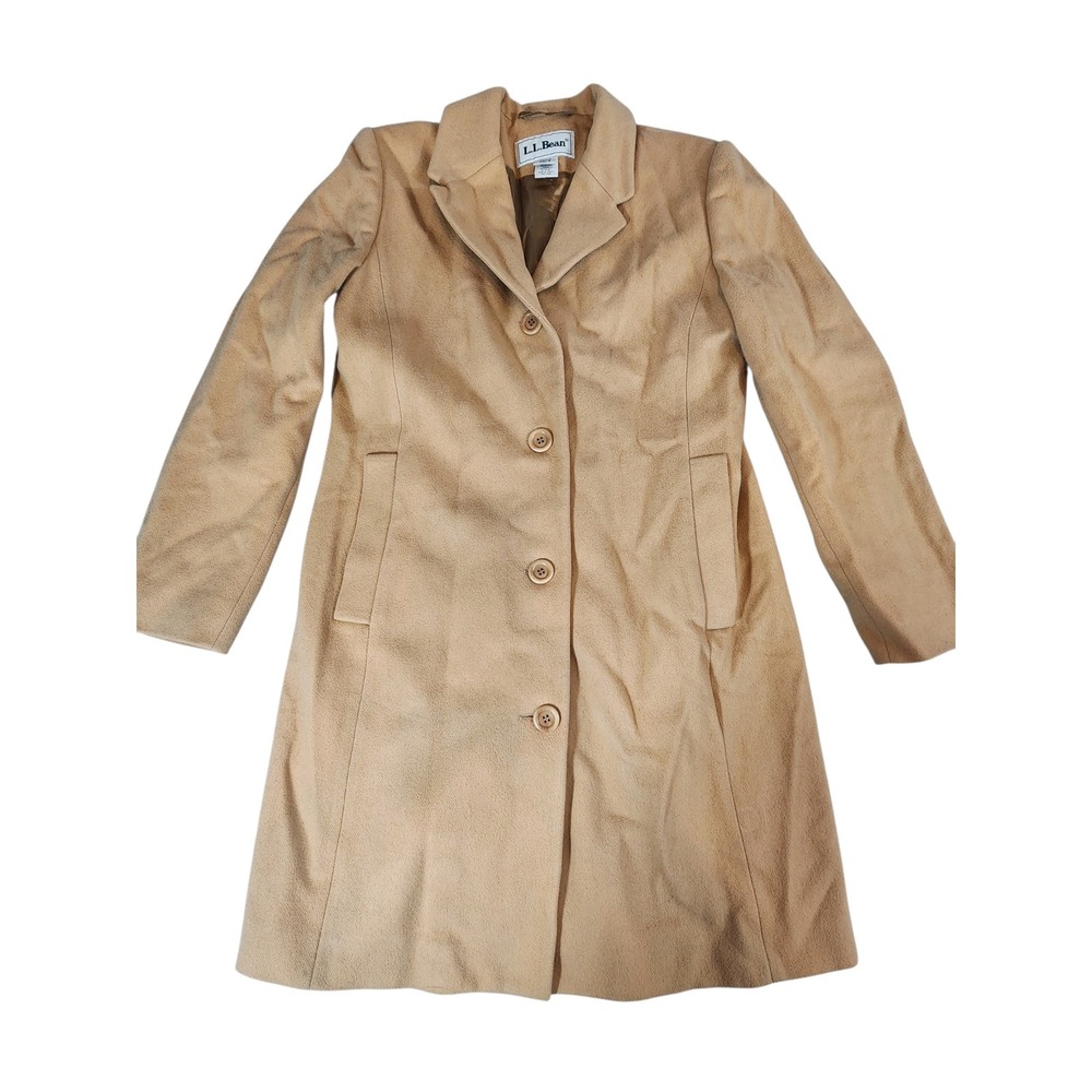 LL Bean Wool Cashmere Coat Womens 6 Camel Tan Long Button Front Overcoat